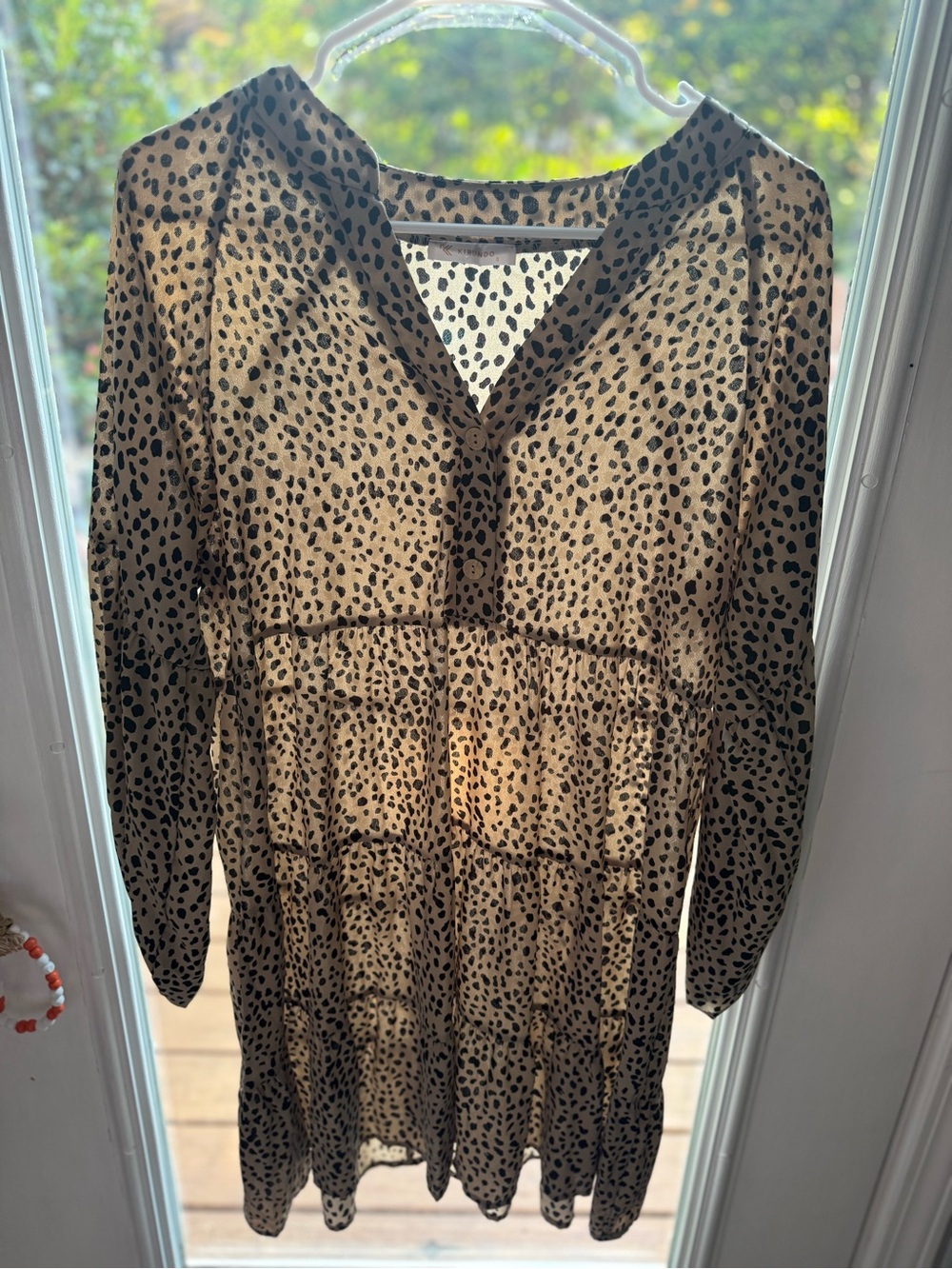Leopard Print Tiered V-Neck Long Sleeve Dress - Brown/Black